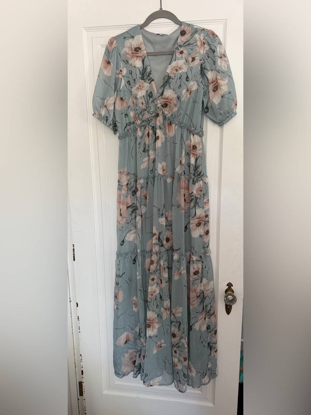 Baltic Born Floral V-Neck Tiered Maxi Dress - Dusty Blue & Blush